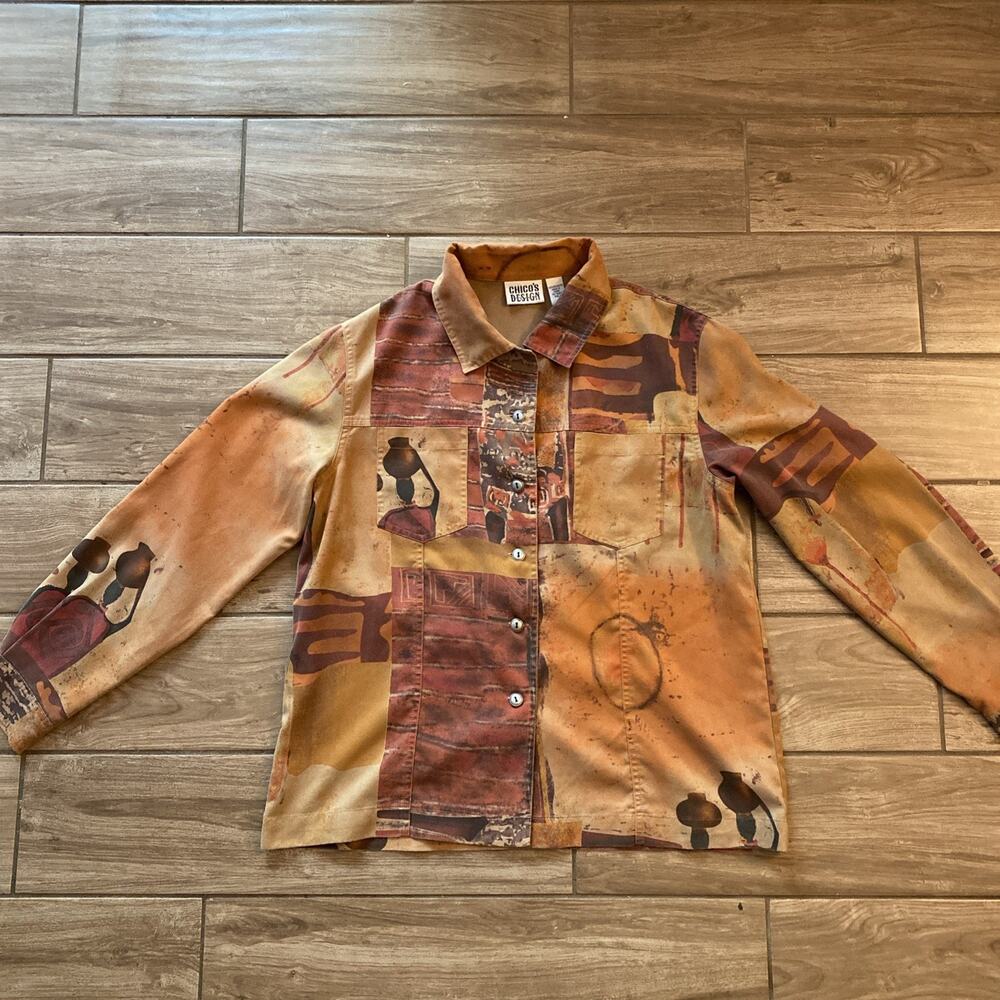 Aztec Native American Chico’s Designs Button Up Long Sleeve Shirt Size 2
